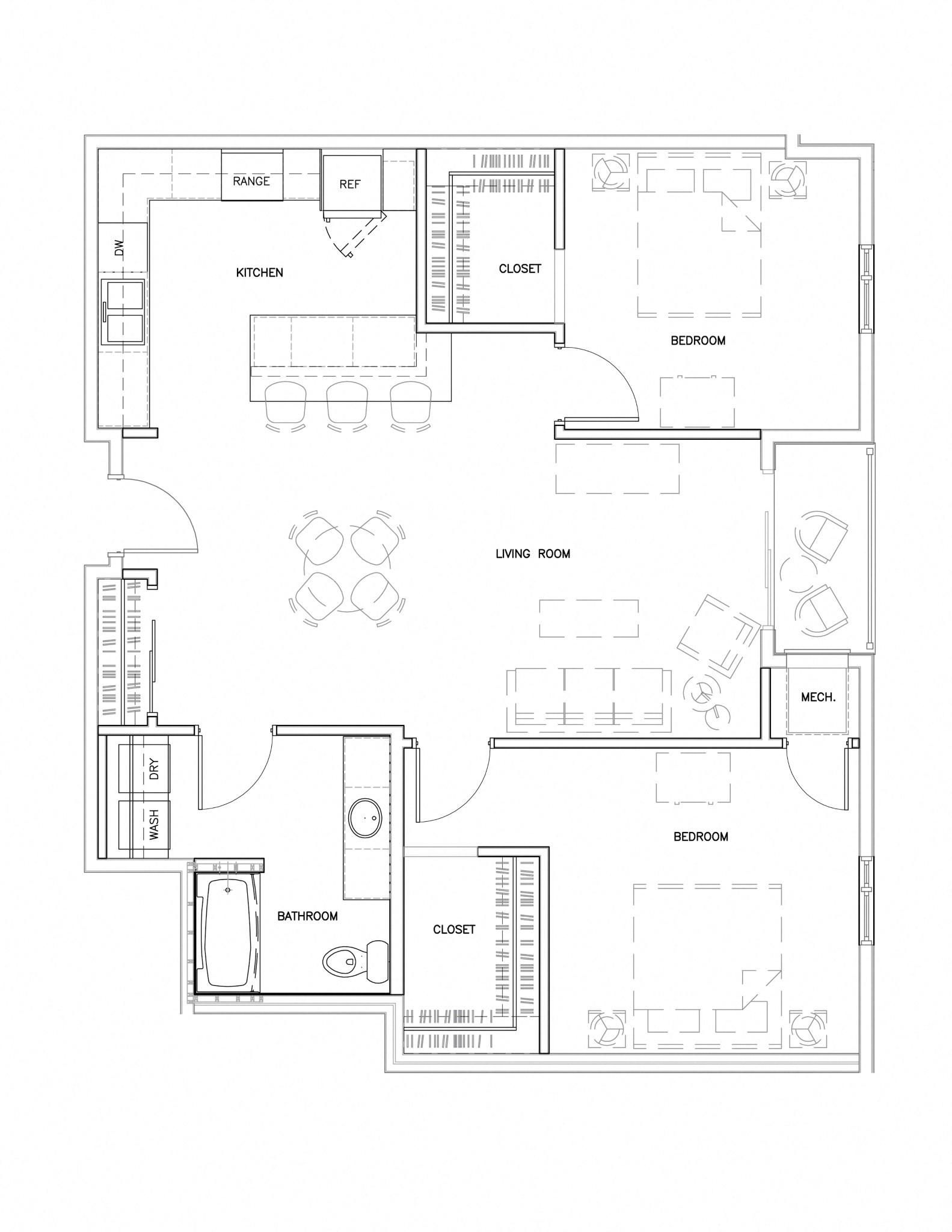 Floor plan for 2 beds, 1 bath, 1115 sqft